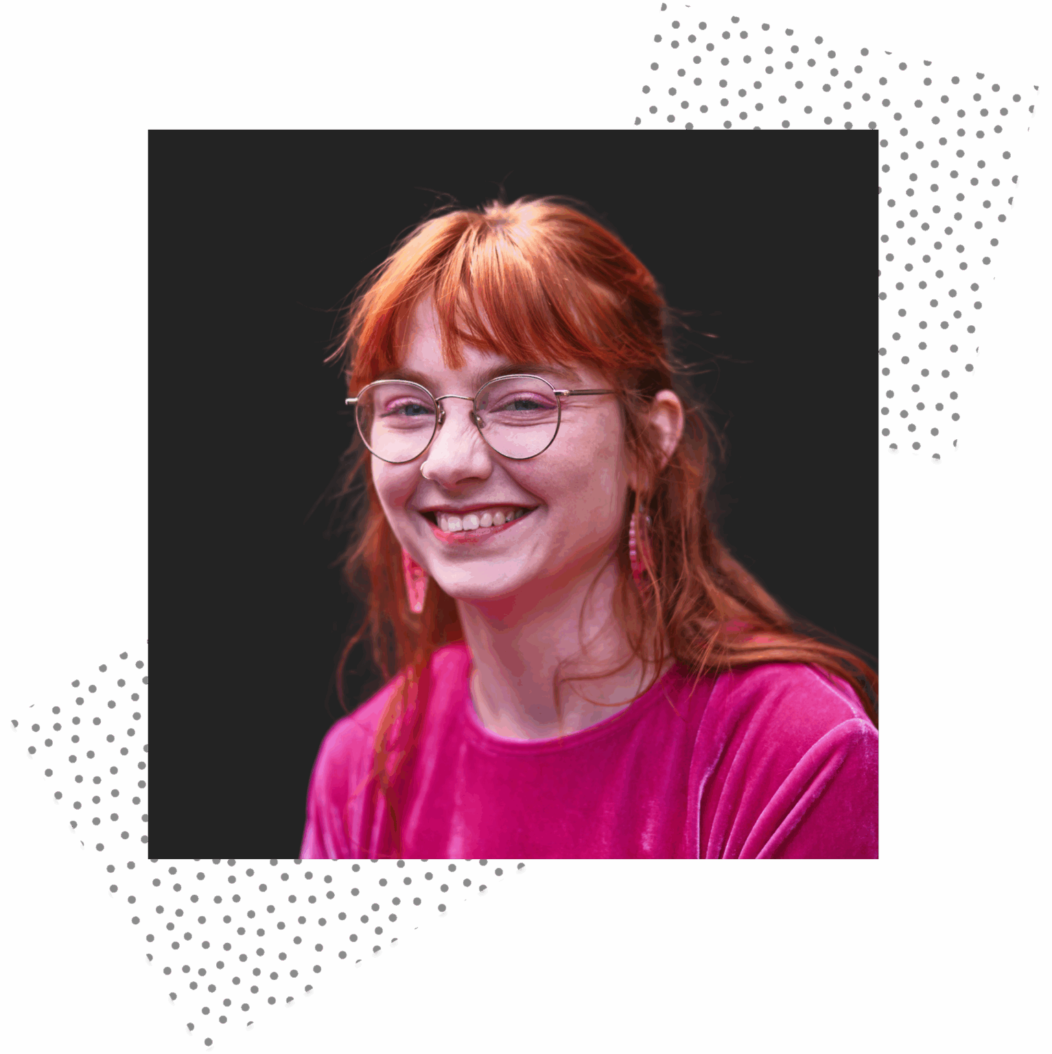 Visual Designer Cushla Smith in front of a black background
