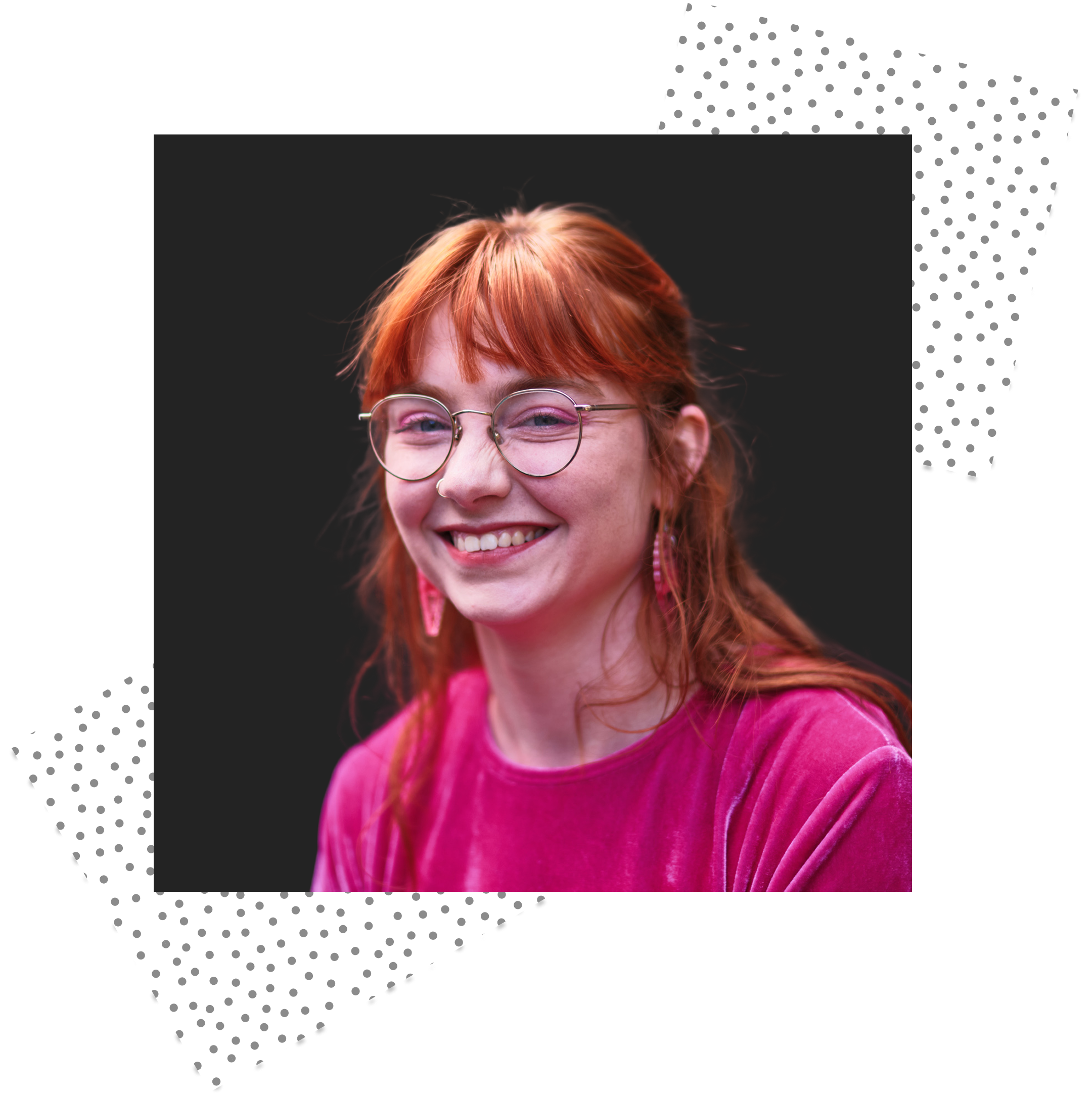 Visual Designer Cushla Smith in front of a black background