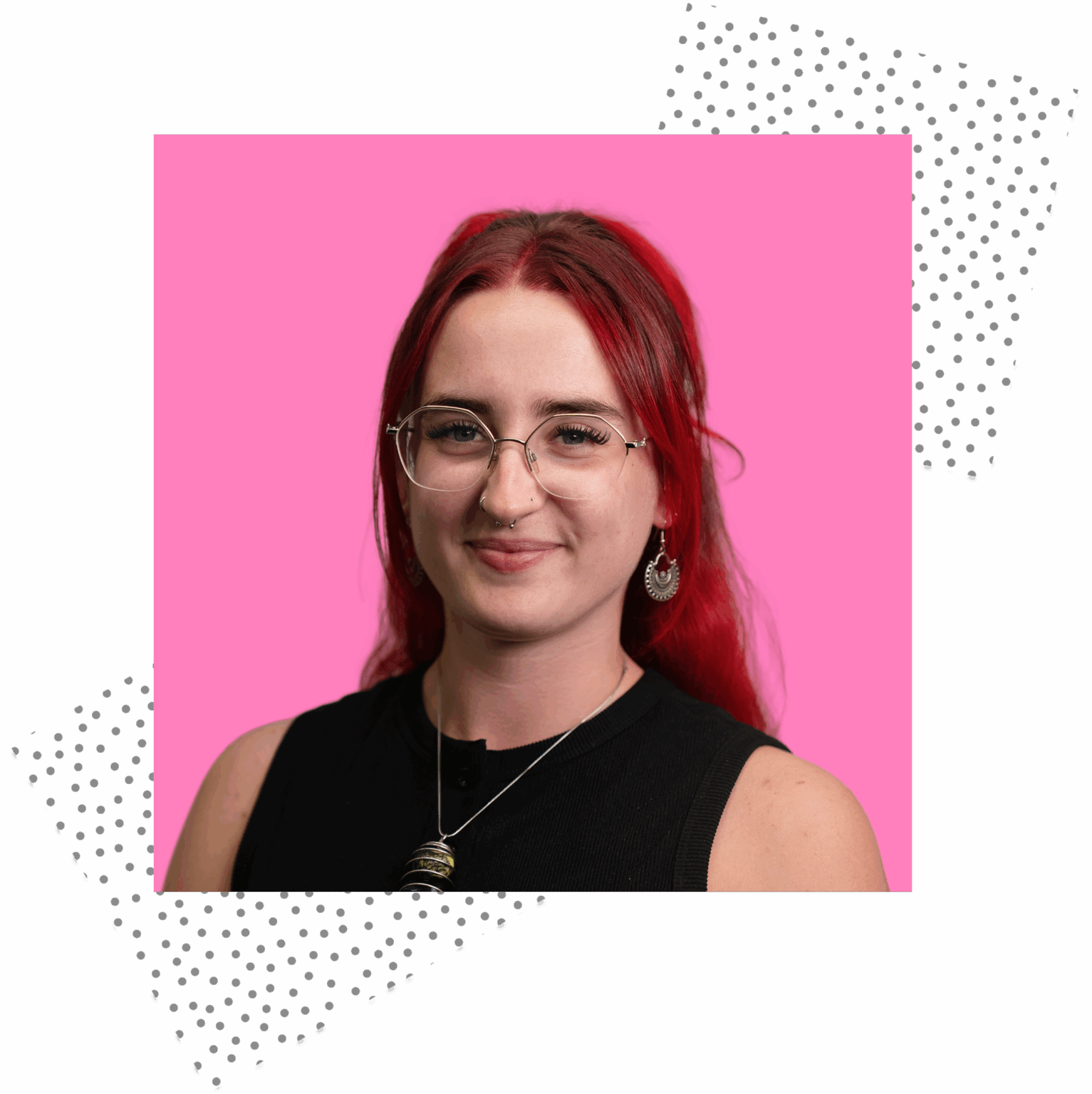 Project Lead Holly Sawyer in front of a pink background