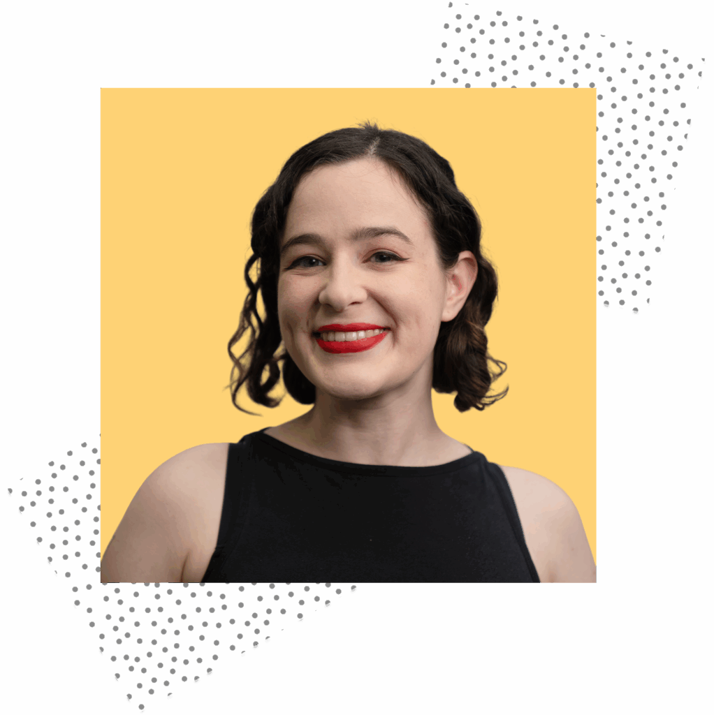 Copywriter Rachel Cameron-Potter in front of a yellow background